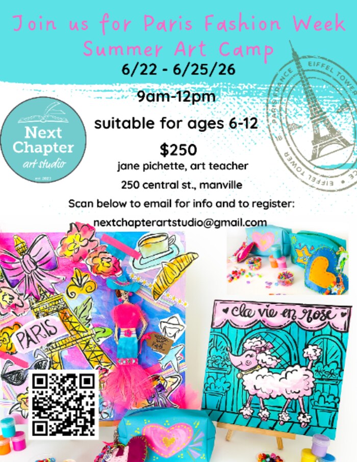 Paris Fashion Week Summer Art Camp flyer with Eiffel Tower paintings and a pink poodle canvas