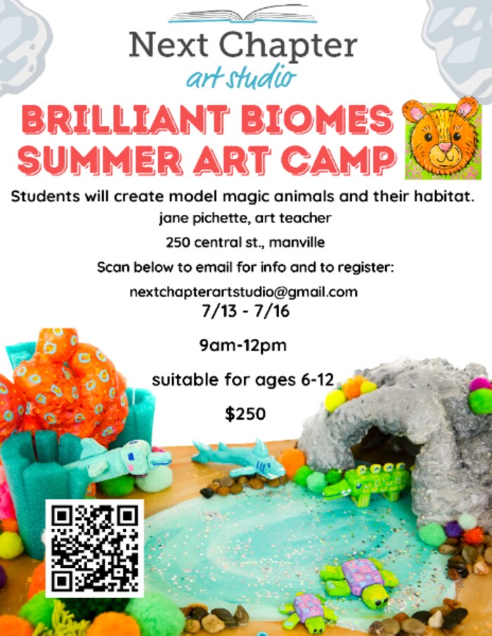Brilliant Biomes Summer Art Camp flyer with model magic sharks, turtles, and a sculpted cave habitat