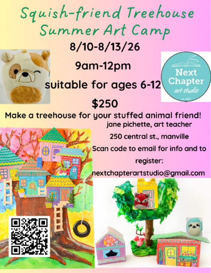 Squish-friend Treehouse Summer Art Camp flyer with painted treehouses and stuffed animal friends